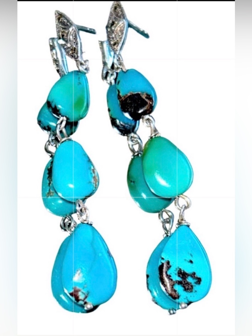Gorgeous Native American Navajo Turquoise Marcasite Sterling 925 Drop Earrings - Picture 8 of 16